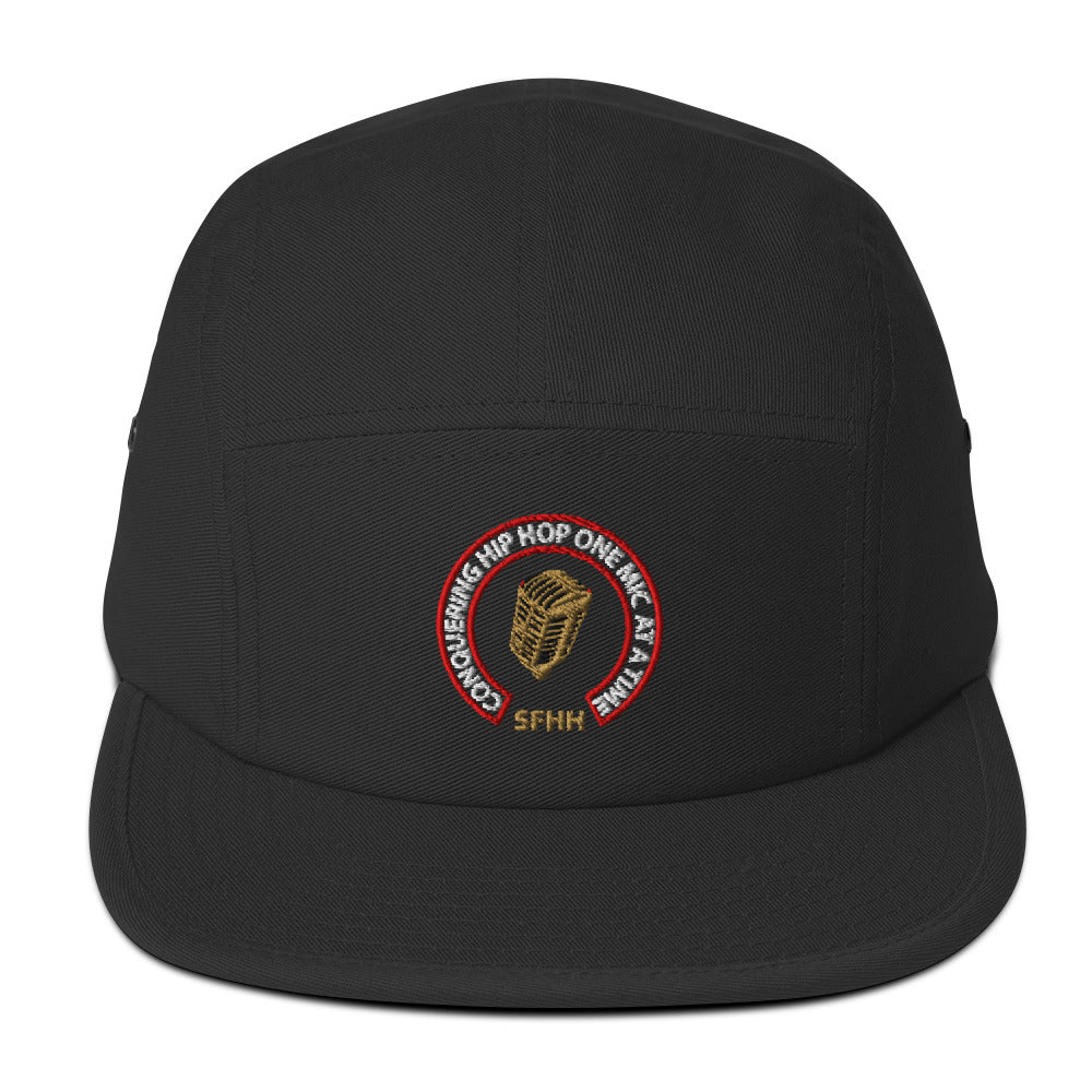 Black low-profile hat with Conquering Hip-Hop One Mic At A Time embroidered design.