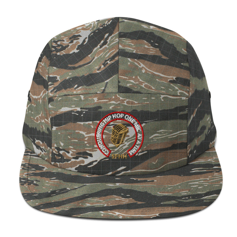 Green Tiger Camo low-profile hat with Conquering Hip-Hop One Mic At A Time embroidered design.