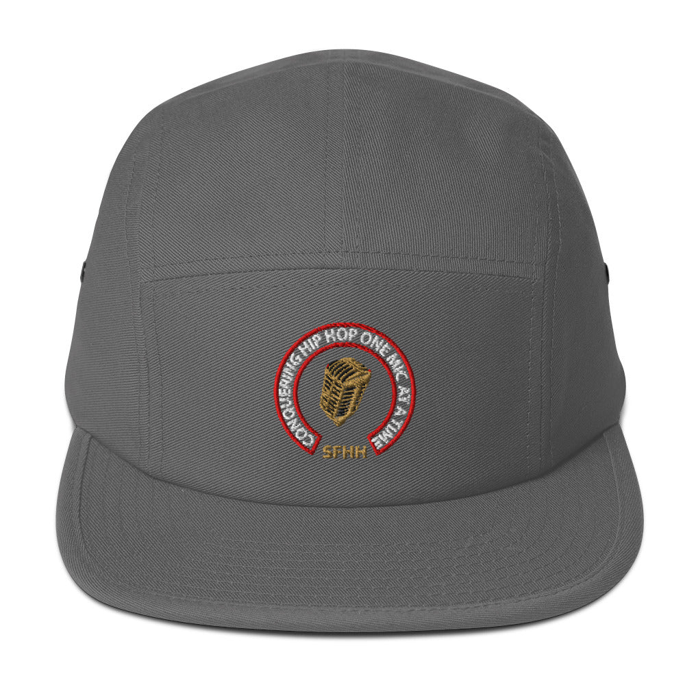 Grey low-profile hat with Conquering Hip-Hop One Mic At A Time embroidered design.