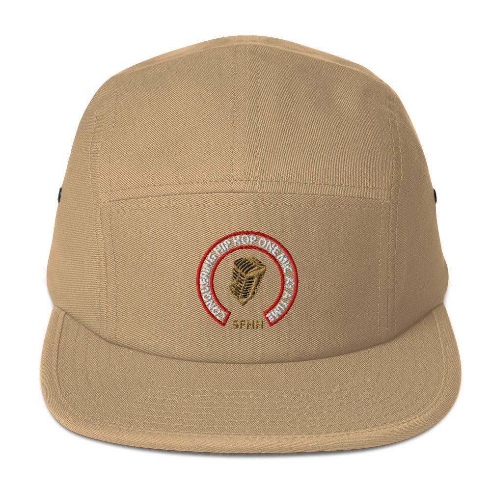 Khaki low-profile hat with Conquering Hip-Hop One Mic At A Time embroidered design.