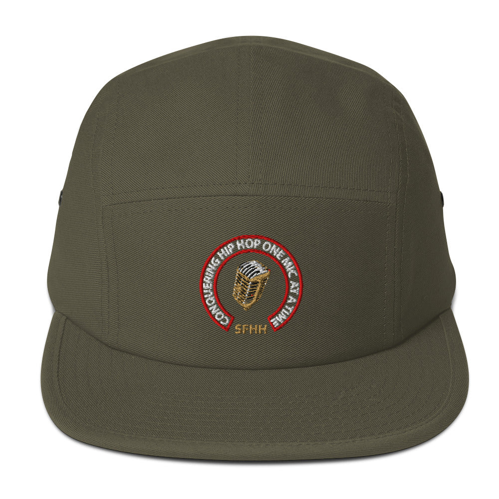 Olive low-profile hat with Conquering Hip-Hop One Mic At A Time embroidered design.
