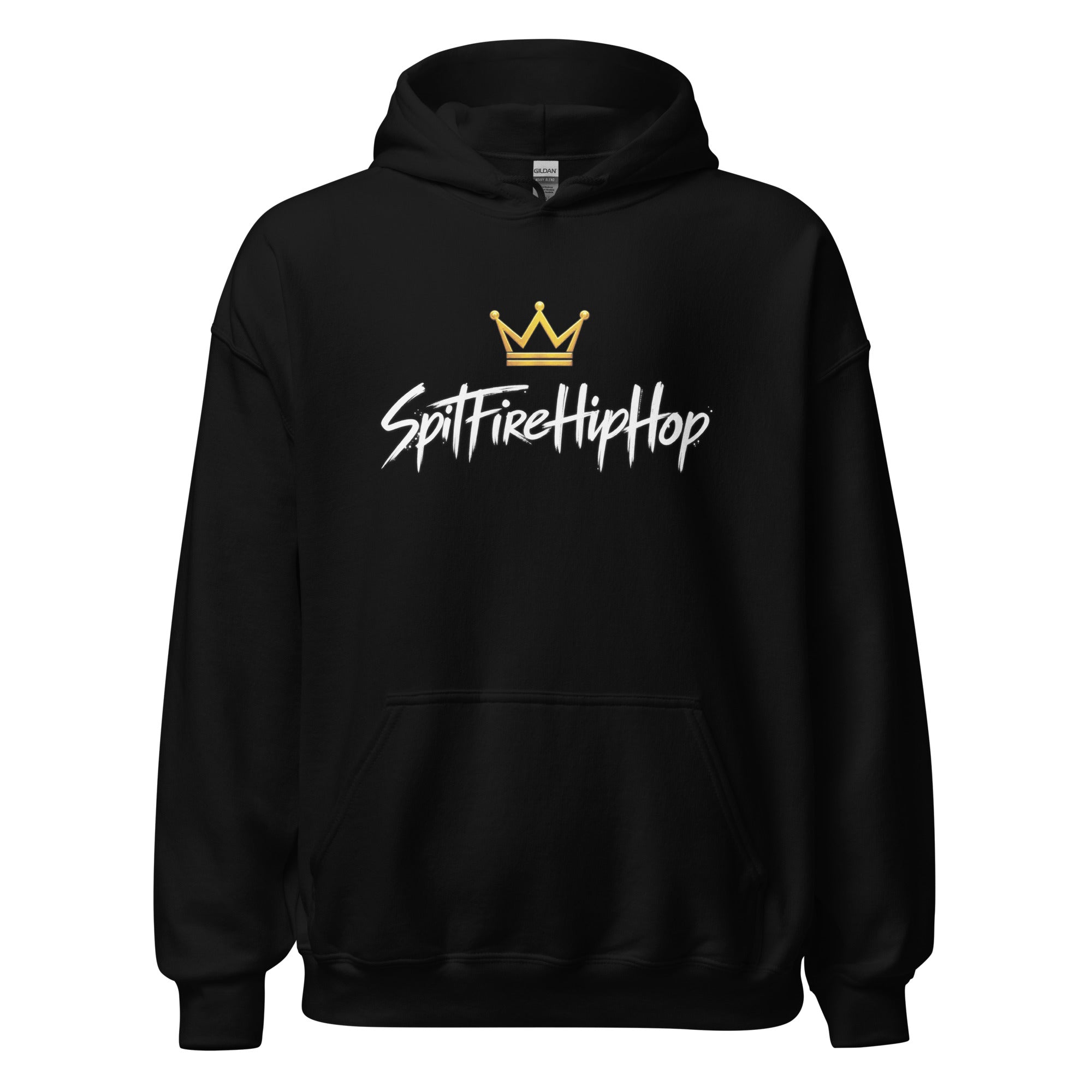 SpitFireHipHop Crowned Culture Hoodie featuring gold crown and signature SpitFireHipHop script design