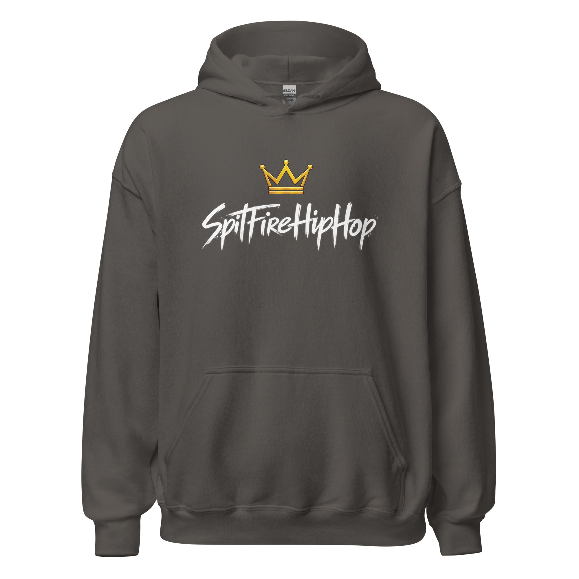SpitFireHipHop Crowned Culture Hoodie featuring gold crown and signature SpitFireHipHop script design