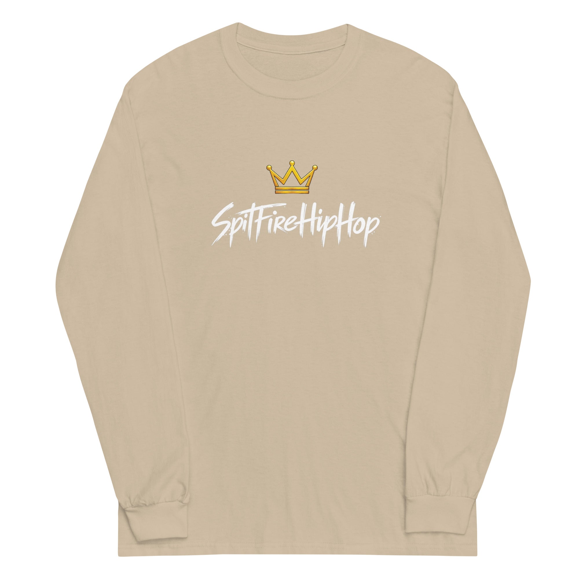 SpitFireHipHop Crowned Culture Long-Sleeve T-Shirt featuring gold crown and signature SpitFireHipHop script design