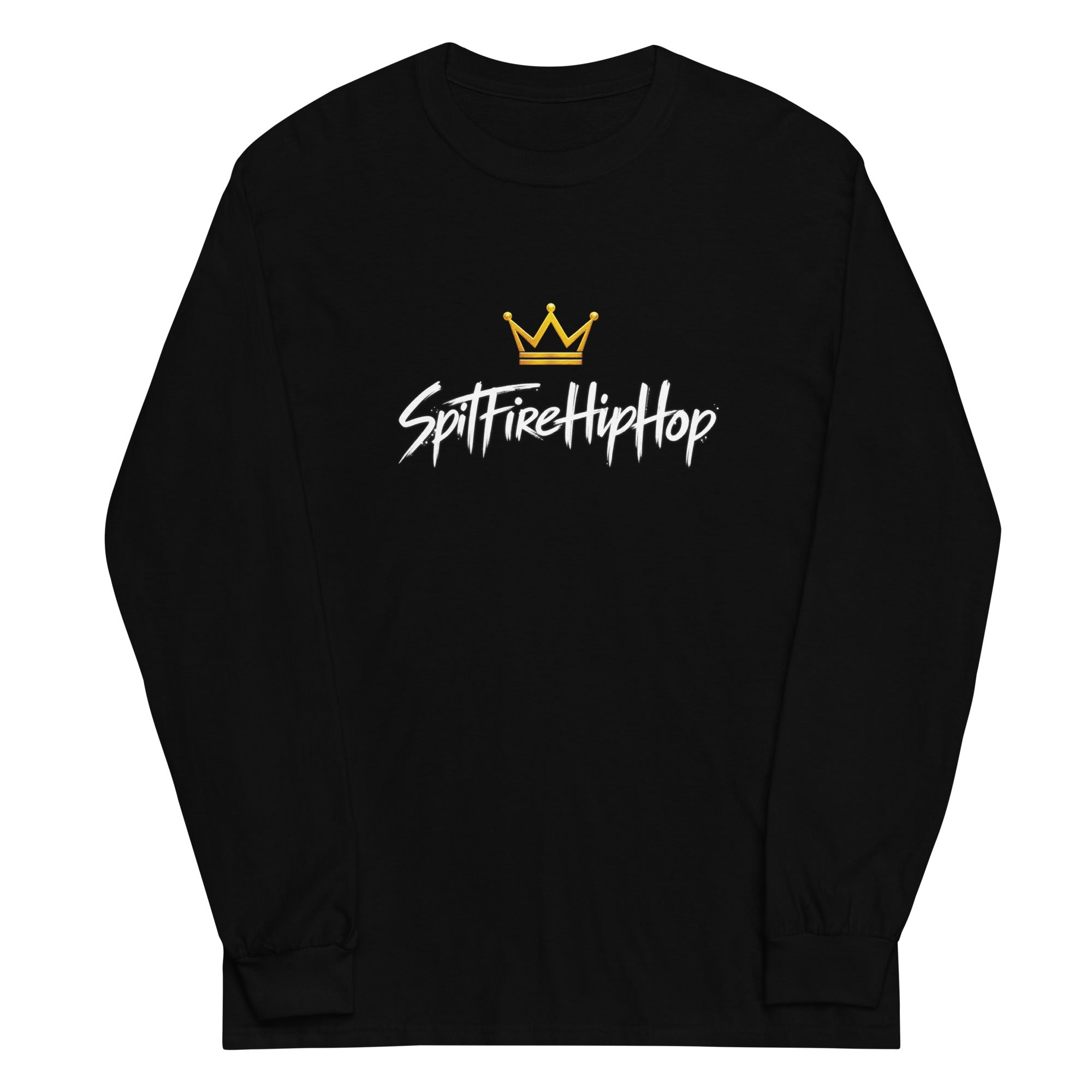 SpitFireHipHop Crowned Culture Long-Sleeve T-Shirt featuring gold crown and signature SpitFireHipHop script design