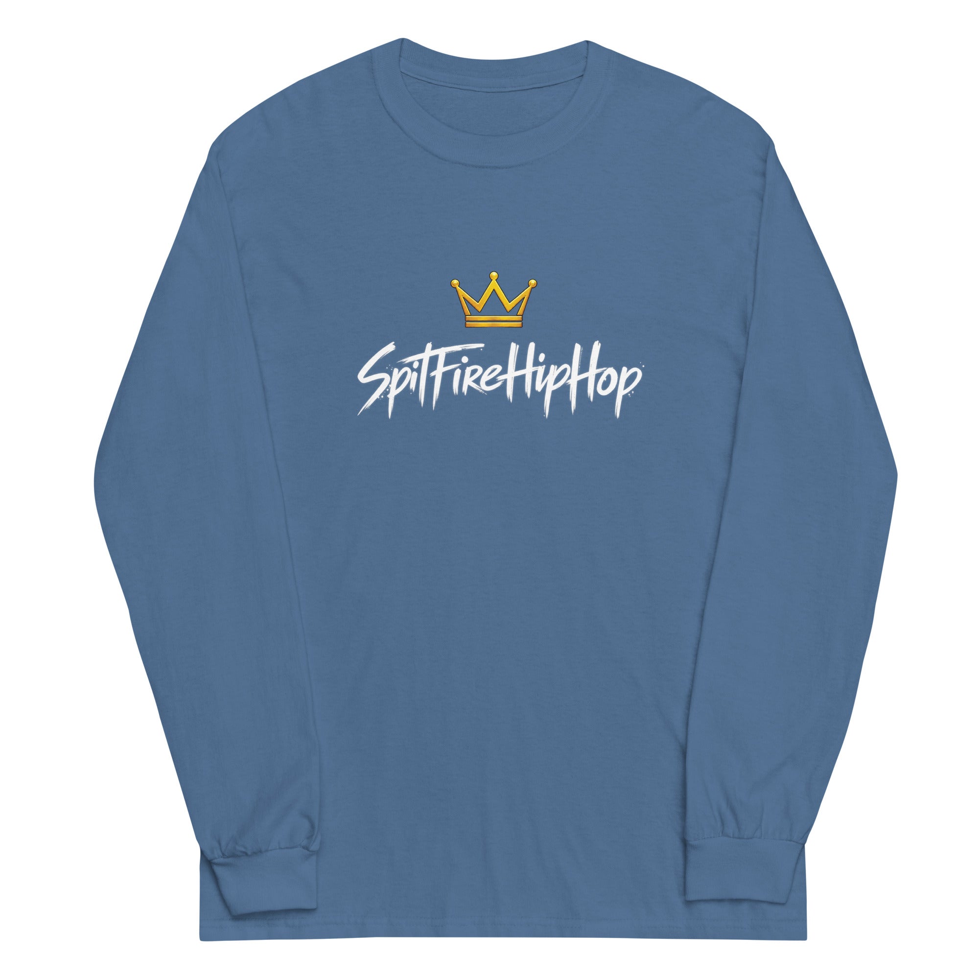 SpitFireHipHop Crowned Culture Long-Sleeve T-Shirt featuring gold crown and signature SpitFireHipHop script design