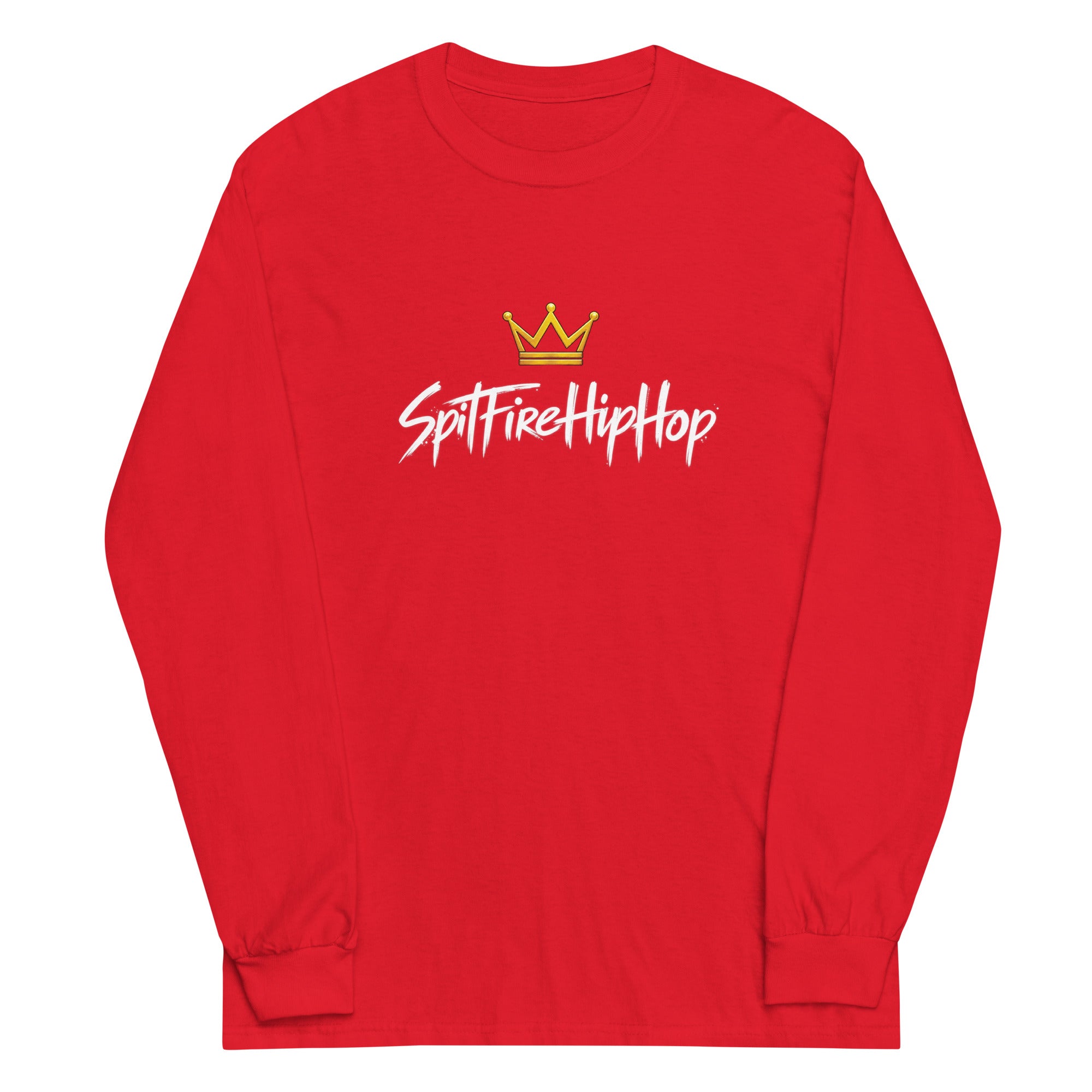 SpitFireHipHop Crowned Culture Long-Sleeve T-Shirt featuring gold crown and signature SpitFireHipHop script design