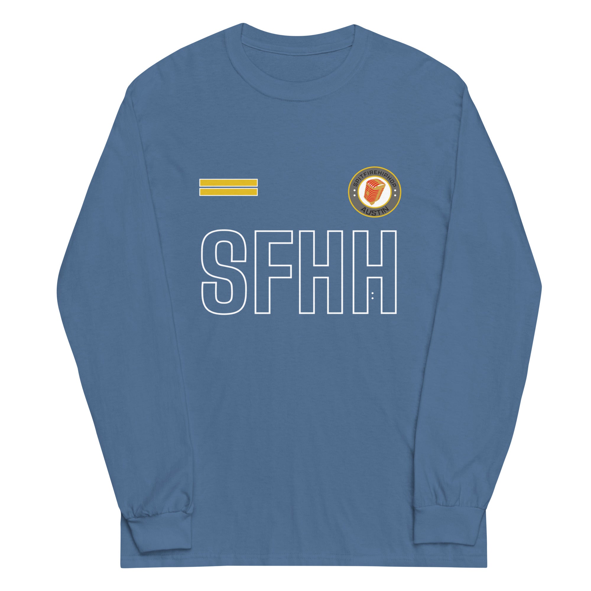 Supa INspired long sleeve t-shirt in indigo blue by SpitFireHipHop featuring bold typography streetwear design for Hip-Hop culture and independent artists