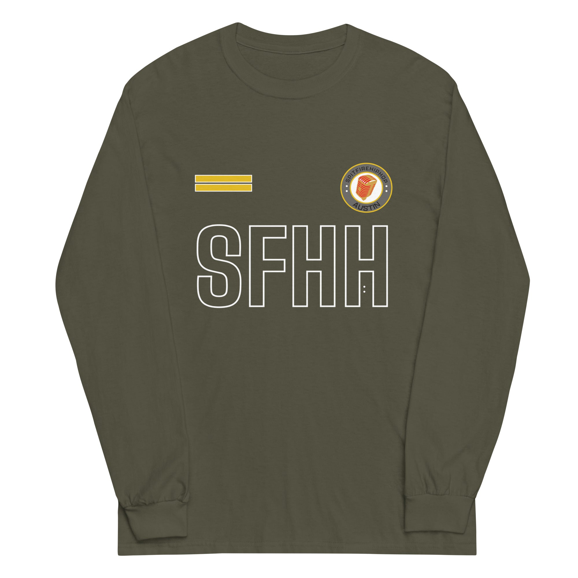 Supa INspired long sleeve t-shirt in military green by SpitFireHipHop featuring bold typography streetwear design for Hip-Hop culture and independent artists