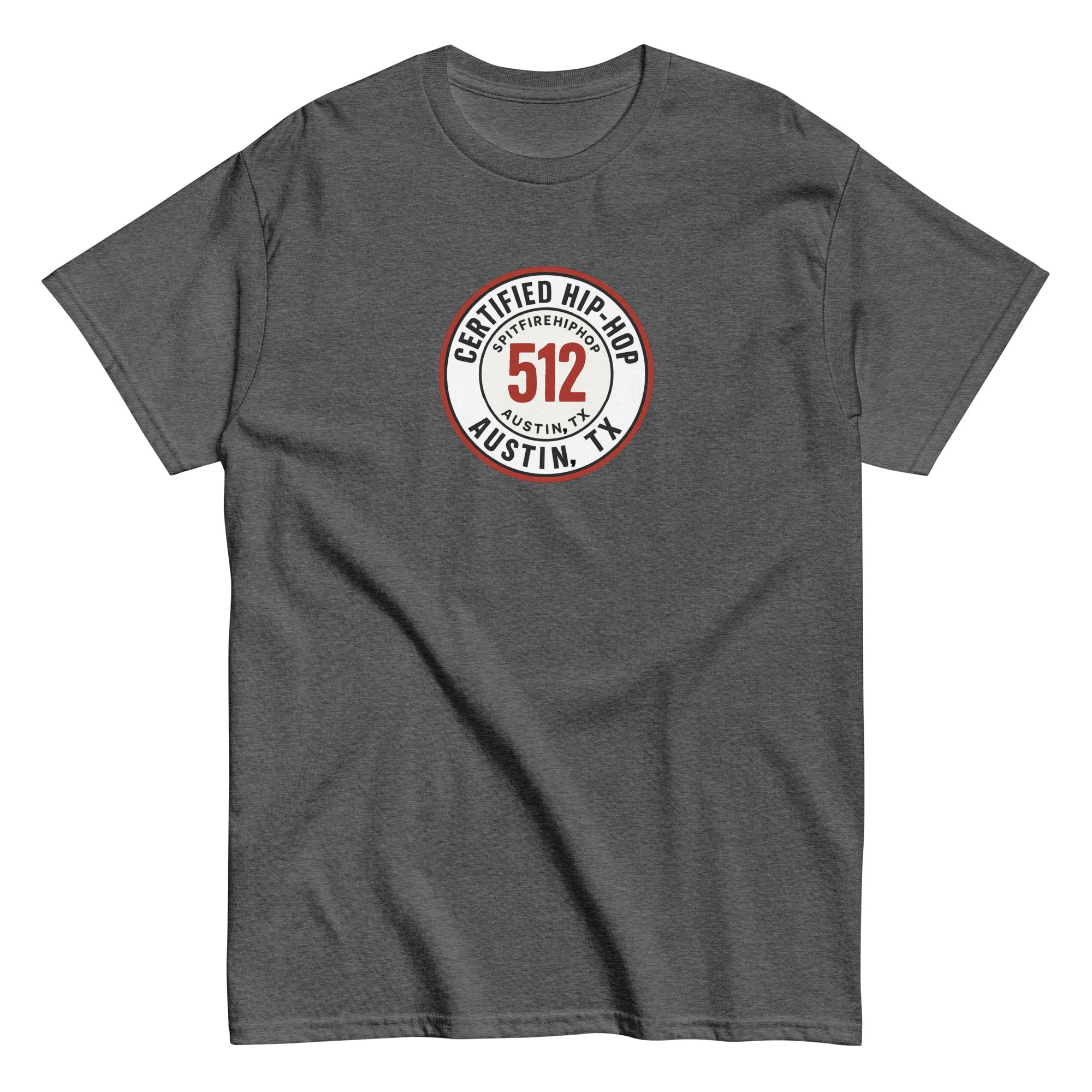 Dark Heather Grey 512 Certified Hip-Hop unisex short sleeve t-shirt featuring bold streetwear-inspired typography representing Austin Hip-Hop culture and independent music energy.