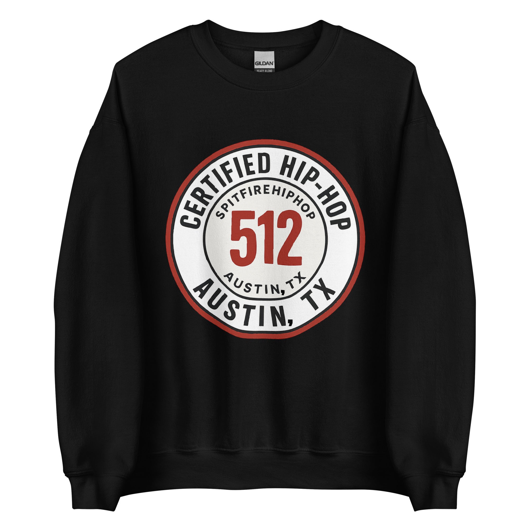 Black 512 Certified Hip-Hop crewneck sweatshirt featuring bold front graphic, photographed on a clean background for SpitFireHipHop apparel.