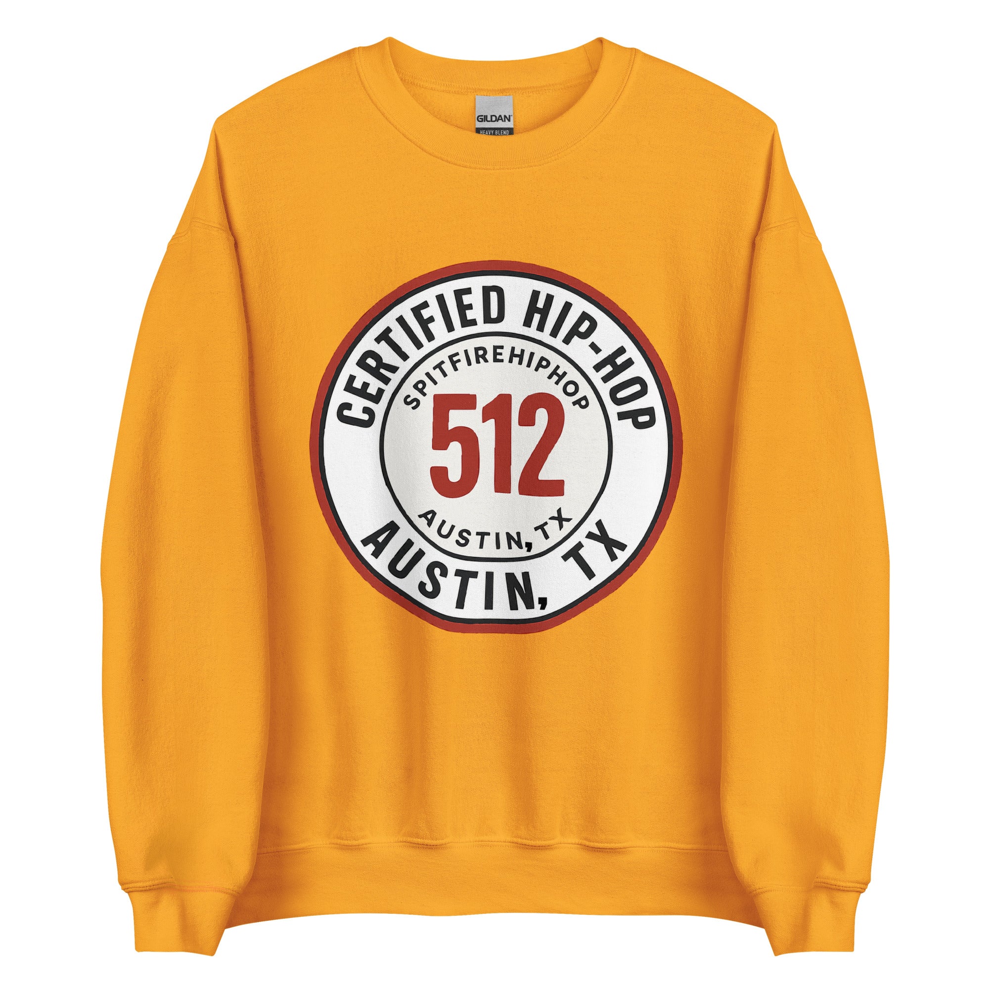Gold 512 Certified Hip-Hop crewneck sweatshirt featuring bold front graphic, photographed on a clean background for SpitFireHipHop apparel.