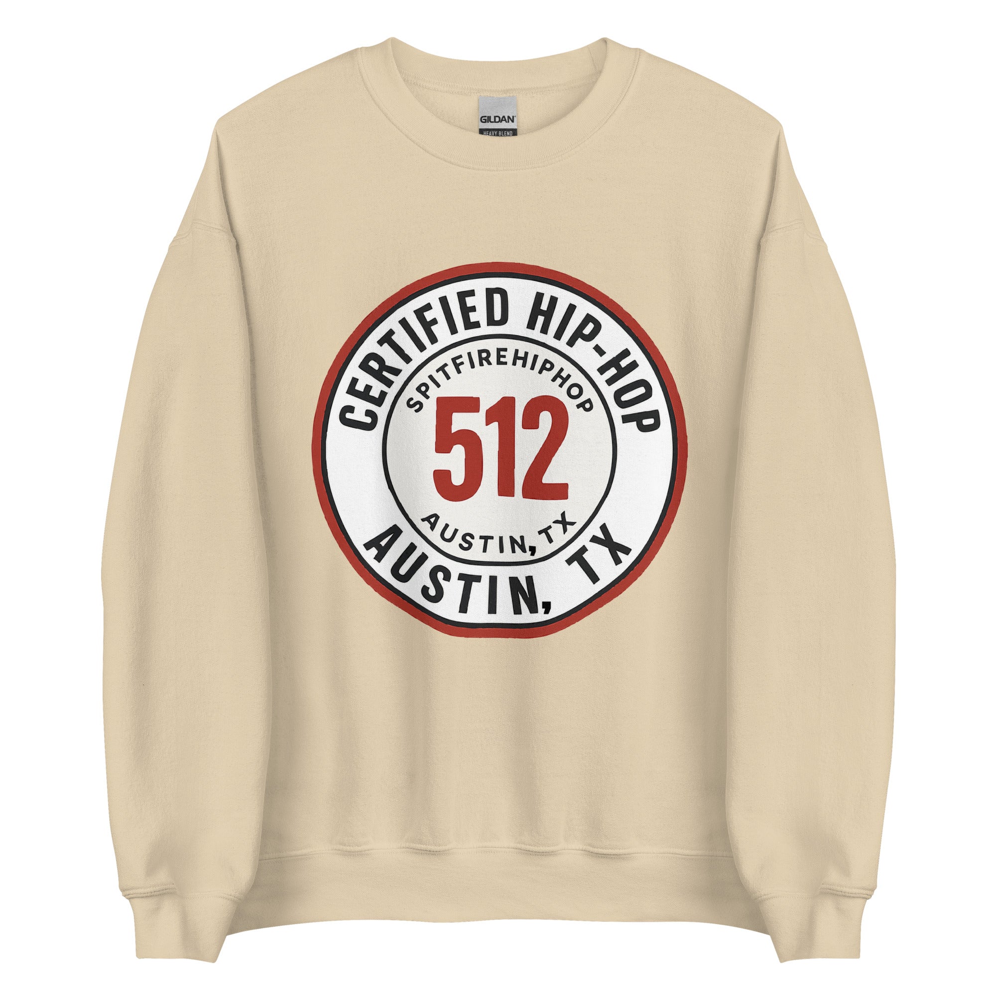 Sand 512 Certified Hip-Hop crewneck sweatshirt featuring bold front graphic, photographed on a clean background for SpitFireHipHop apparel.