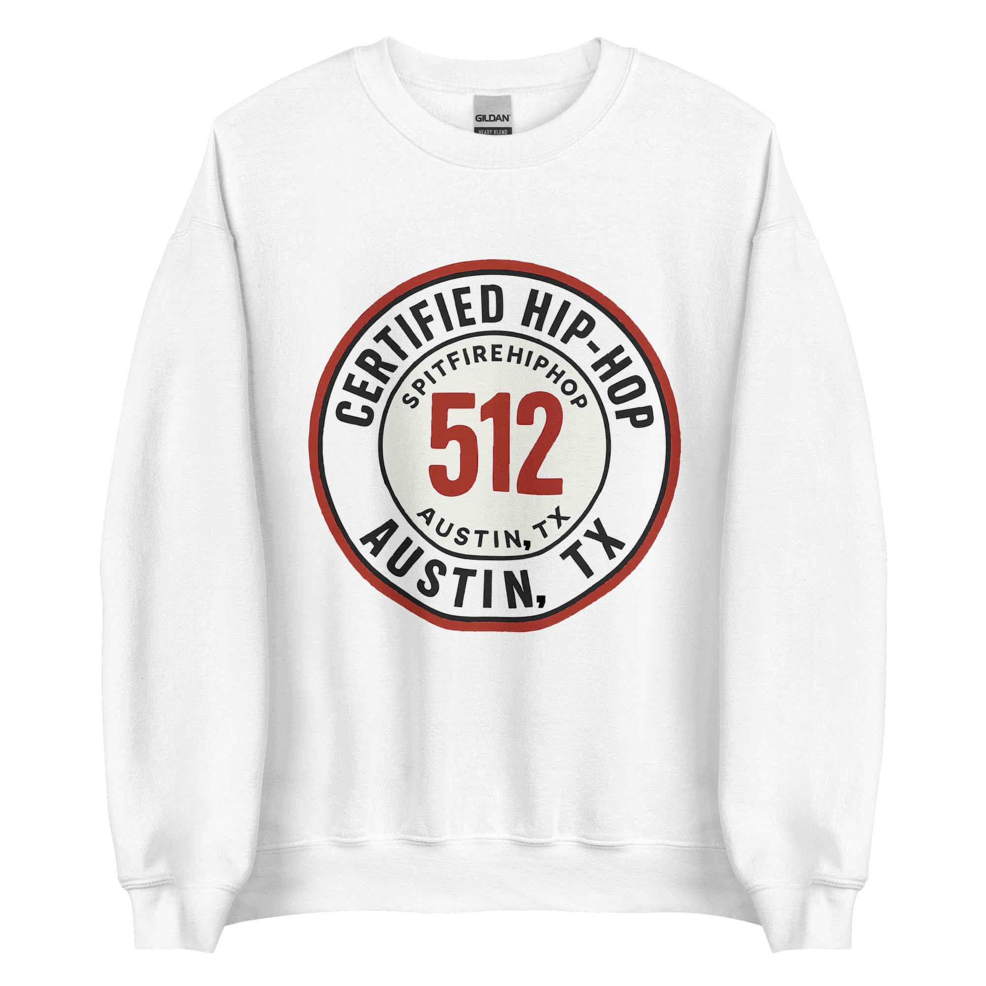 White 512 Certified Hip-Hop crewneck sweatshirt featuring bold front graphic, photographed on a clean background for SpitFireHipHop apparel.