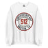 White 512 Certified Hip-Hop crewneck sweatshirt featuring bold front graphic, photographed on a clean background for SpitFireHipHop apparel.